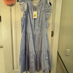 Elegant Blue and White Striped Midi Dress